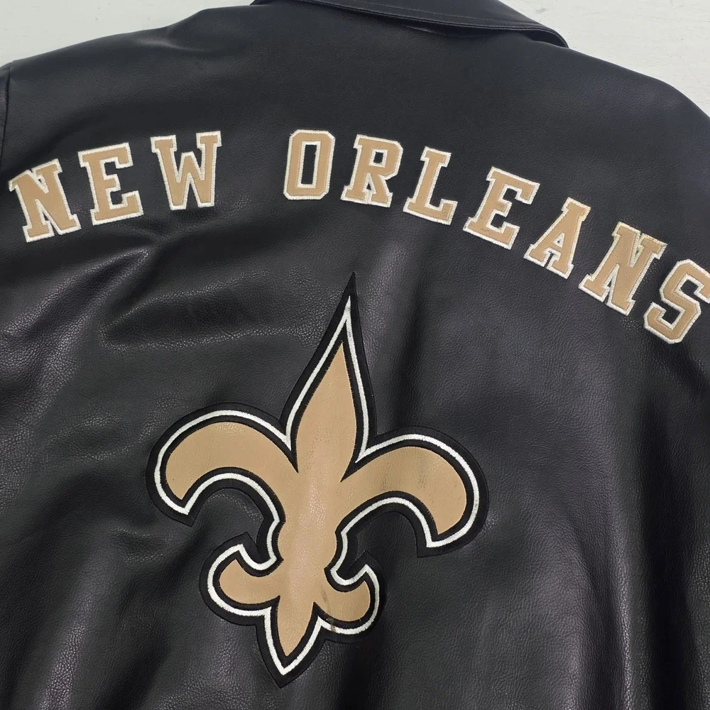 New Orleans Saints Faux Leather Jacket Men's Size L G-III NFL Embroidered Patch
